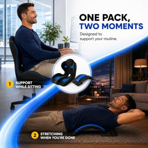 Seat Cushion and Lumbar Back Stretcher 2-Piece Pack, L-Shaped Ergonomic Memory Foam Chair Cushion with Non-Slip Base, Manual Lower Back Massager for Office, Car and Home, Black and Blue - Image 3