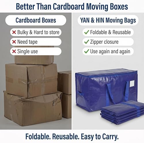 YAN & HIN 12 Pack Heavy Duty Moving Bags with Handles, Extra Large Moving Totes for Clothes, Blankets & Dorm, Strong Zippers, Reinforced Carrying Handles, Foldable Storage Bags for Moving & Travel - Image 5