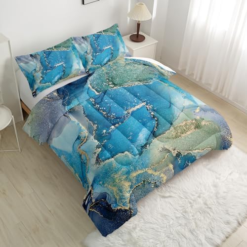 Nttopship Blue Teal Gold Marble Comforter Set, King Size 3 Pieces Abstract Art Bedding Comforter with 2 Pillowcases, Soft Lightweight Microfiber Bedding for All Seasons - Image 3