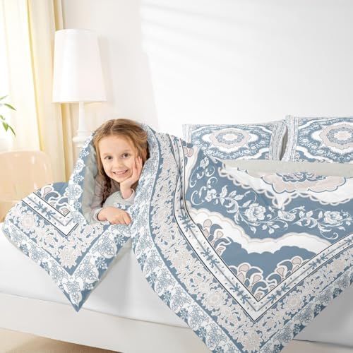 Erosebridal Light Blue White Floral King Comforter Set - Vintage Flower Bedding Set for Kids Adults | Boho Aesthetic Flowers Quilt | Farmhouse Cottage Bedroom Decor with 2 Pillowcases - Image 4