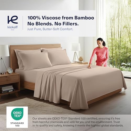 Kickoff Viscose Bamboo Sheets Split King Size 5-pc 100% Organic Bamboo Viscose Bed Cooling Sheets Split King Size Set Cool Bedding for hot Sleepers Sheet Set - Gift Ready Packaging (Taupe Latte, SK) - Image 4