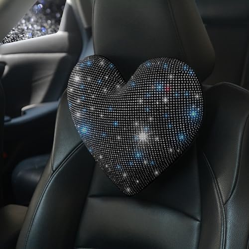 Car Headrest Neck Pillows Rhinestone Automobile Headrest Cover Car Headrest Neck Pillow for Driving with Bling Bling Crystal Car Accessories for Women, Girls and Ladies Black 2 Pieces - Image 4
