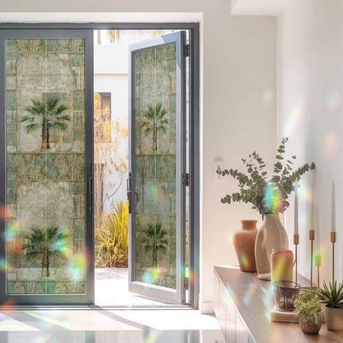 Vintage Palm Trees Window Privacy Film Rainbow Static Cling Stain Glass Window Film for Glass Door, Decorative Heat Blocking Sunroof Decal Sticker for Car 29.5"x118" Tropical Summer Botanical Retro - Image 3