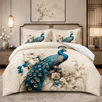 CCoutueChen King Size Comforter Set for Women,Teal Peacock Feather Bedding Set with Blue and White Floral,Elegant Watercolor Bird Flowers Decor,3Pcs Soft Fluffy Microfiber with 2 Pillowcases,104 * 90 by CCoutueChen
