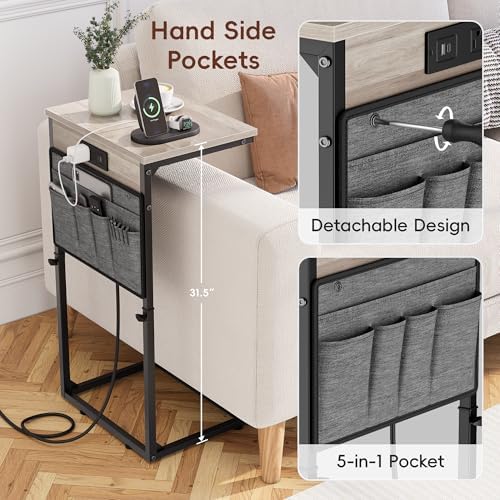Vagusicc C-Shaped End Table Set of 2 with Charging Station, Small Side Table for Couch, Adjustable Height Couch Side Table, Slide Under Sofa Table TV Tray Tables for Living Room, Bedroom,Bedside, Gray - Image 6