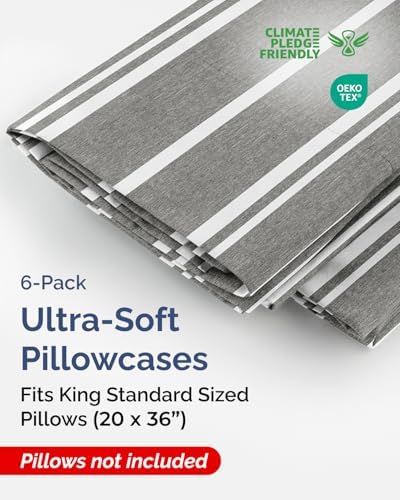 King Standard Pillow Cases Set of 6 - Soft Pillowcase Covers - Grey Stripes - Image 2