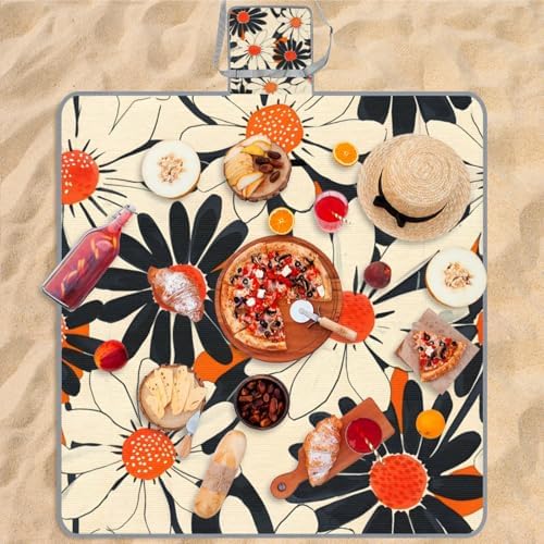 Picnic Blankets Waterproof Rug, 59*57inch Outdoor Camping Blanket Portable with Carry Strap, Packable Beach Blanket Sandproof, Family Camping Mat for Grass Concert, Park, Travel (Flower Orange) - Image 7