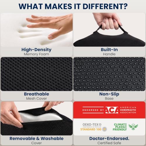 5 STARS UNITED Seat Cushion - Memory Foam Chair Pad for Tailbone Pain Relief - Ergonomic Support for Coccyx, Sciatica & Butt - Office, Desk & Gaming Chair, Car Seat, Wheelchair, Airplane, Black - Image 4