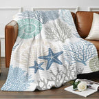 Blue Coastal Throw Blanket, Coral Beach Starfish Fluffy Soft Blankets for Couch Bed Travel, Ocean Conch Plush Microfiber Striped Flannel Blankets, Lightweight Sofa Blankets 40"x60" - Image 2
