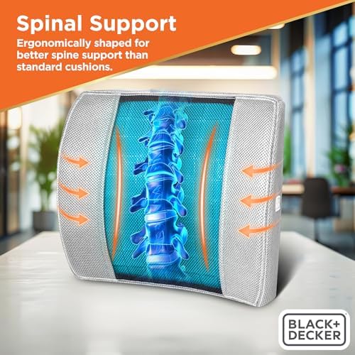 BLACK+DECKER Cooling Gel Lumbar Memory Foam Cushion – Ergonomic Back Support Travel Pillow with Ventilated Mesh, Adjustable Strap, Slow Rebound Memory Foam, Washable Cover - Image 2