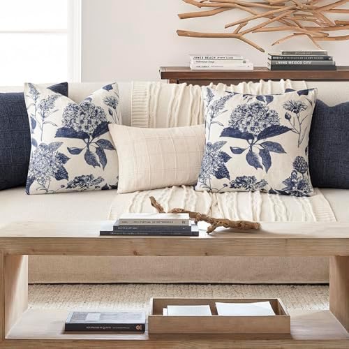 Foindtower Set of 2 Linen Floral Vintage Throw Pillow Covers Neutral Accent Print Decorative Cozy Cushion Covers Farmhouse Boho Home Decor for Sofa Chair Couch Bed Living Room,24×24 Inch,Navy Blue - Image 6