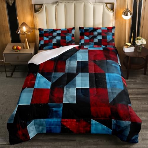 Erosebridal Red Black Blue Comforter Set Twin Size,Geometric Abstract Aesthetic Bedding Set for Kids Adults Room Decor,Retro Grunge Colorful Quilt Bed Set Down Comforter 2Pcs by Erosebridal