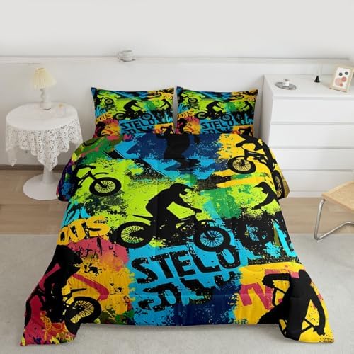 Erosebridal Boys Dirt Bike Comforter Set Queen Size Skateboard Bedding Set Motorcycle Motocross Duvet Set Extreme Sports Game Quilt Set Hip Hop Colorful Comforter Set for Kids Teens Adult - Image 2
