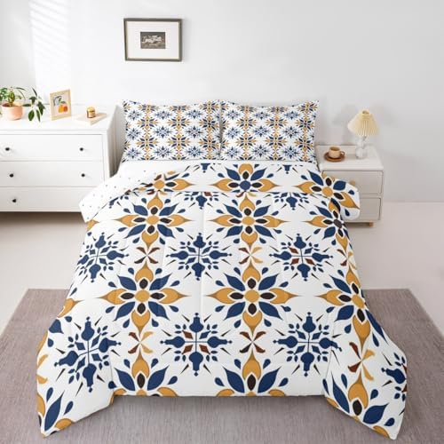 Erosebridal Mexican Style Full Bedding Set,Talavera Tile Ethnic Comforter Set for Kids Adults,Colorful Boho Floral Duvet Insert,Navy Blue Orange Geometric Bedroom Decor with 2 Pillowcases - Image 2