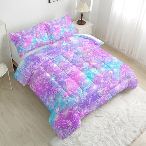 Nttopship Pink Dream Turtle Comforter Set - Twin Size, Kids Bedding with Sparkling Fish Scale Theme, All Season Comforter and 2 Pillowcases - Image 3