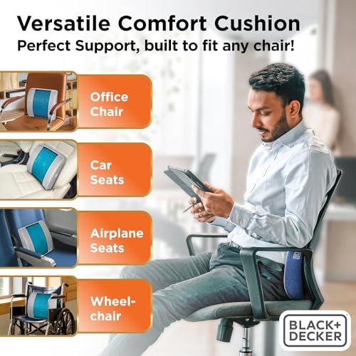 BLACK+DECKER Cooling Gel Lumbar Memory Foam Cushion – Ergonomic Back Support Travel Pillow with Ventilated Mesh, Adjustable Strap, Slow Rebound Memory Foam, Washable Cover - Image 4