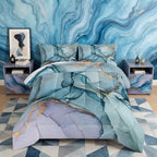HOSIMA Gold and Blue Marble Abstract Full Comforter with 2 Pillowcases. by HOSIMA