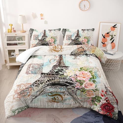 Nttopship Romantic Eiffel Tower Comforter Set Queen Size for Adults 3Pcs,Retro Style Eiffel and Flowers Bedding Set Soft Comfoter for All Season - Image 2