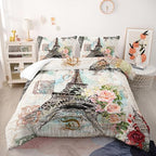 Nttopship Romantic Eiffel Tower Comforter Set Full Size for Adults 3Pcs,Retro Style Eiffel and Flowers Bedding Set Soft Comfoter for All Season - Image 2