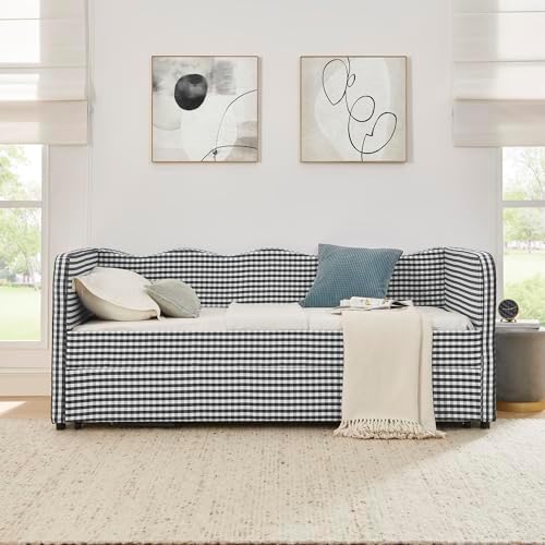 3 in 1 Twin to King Daybed, Gingham Upholstered Daybed with Pop Up Trundle, Convertible Sofa Bed with Side Storage Pockets, Extendable Guest Bed Frame for Teens Adults Bedroom Living Room, Black - Image 2