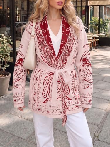 Saodimallsu Womens Fall Tassel Shawl Collar Cardigan Paisley Wrap Sweaters - Image 2