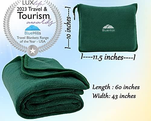 BlueHills Travel Blanket Pillows for Two Airplane Traveling Essentials Flight Throws in Bag case with Backpack Clip Compact Large Plane Accessories – Black and Dark Green - Image 4