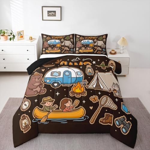 Erosebridal Happy Camping Camper King Size Bedding Set, Camping Lover Gifts Bed Comforter Sets for Kids Girls Boys, Outdoor RV Travel Trailer Quilt Duvet Set, Forest Theme Room Decor by Erosebridal
