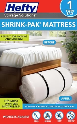 Hefty Shrink-Pak Mattress Bags for Moving – Twin/Twin XL Size | Heavy Duty & Water Resistant Vacuum Compression Mattress Bag, Storage Protection Mattress Cover for Moving by HeftyShrinkPak
