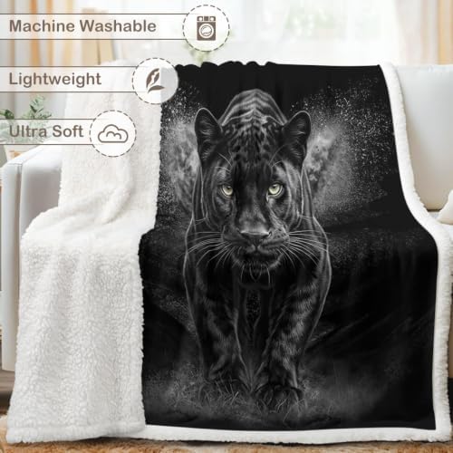 Black Panther Sherpa Blanket Dark Animal Print Throw Blanket for Men Bedroom Gamer Room Decor Soft Fuzzy Warm Cozy 60x80 Inches Luxury Wildlife Design Gift for Birthday Housewarming Anniversary - Image 6