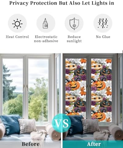 Window Privacy Film Frosted, Pumpkins Halloween Reusable Static Cling Window Tints, Black Horror Purple Floral Botanical Heat Control Windows Films for Offices, Balcony, 29.5 x 118 Inches - Image 6