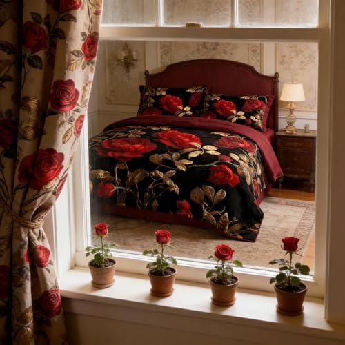CCoutueChen Vintage Floral Comforter Set Full Size, Red and Black Bedding Set with Gold Botanical Leaves, Dark Burgundy Soft Microfiber Comforter for Adult Women, 3Pcs 2 Pillowcases / 79"x90" - Image 4