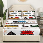 Erosebridal Kids Bedding Set Retro Vintage Train Fitted Sheet, Cute Vehicle Printed Colorful Train Bed Sheets for Boys Girls Adults Teens Bedroom Decor All Season Queen 3 Pieces, No Top Sheet - Image 3