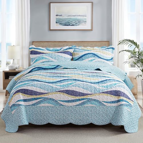 HoneiLife Queen Bedspreads Oversized - 106"x106" Coastal Quilt Sets, Beach Quilt 3-Piece, Nautical Bedspreads Ocean Coverlets, Lightweight Bed Cover, Summer Quilts - Image 2