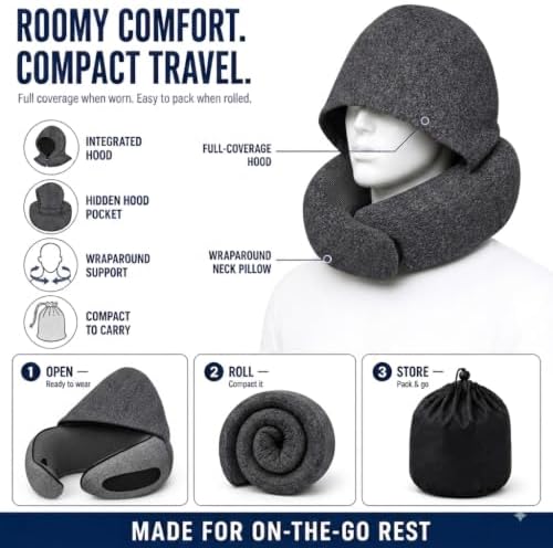 Travel Neck Pillow with Hood, Upgraded Memory Foam Airplane Pillow for Sleeping, 360° Support U Shaped Travel Pillow with Hidden Eye Cover, Portable Flight Accessories for Plane Car Office(Black) - Image 7