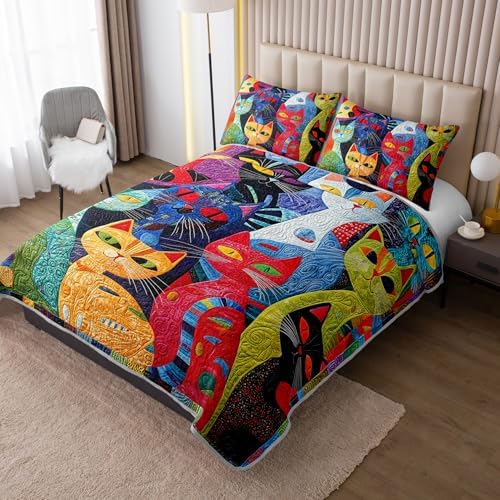 HOSIMA Plaid Patchwork Colorful Cat Quilt King Size with 2 Pillowcases. - Image 2