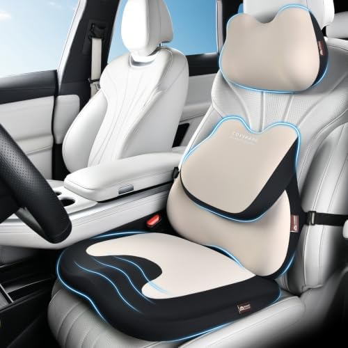 Coverado Car Seat Cushion and Lumbar Support Pillow with Headrest, Memory Foam Cooling Silk Ergonomic Cushion for Driving Back Neck Pain Relief Universal Fit Black&Gray by COVERADOAUTO