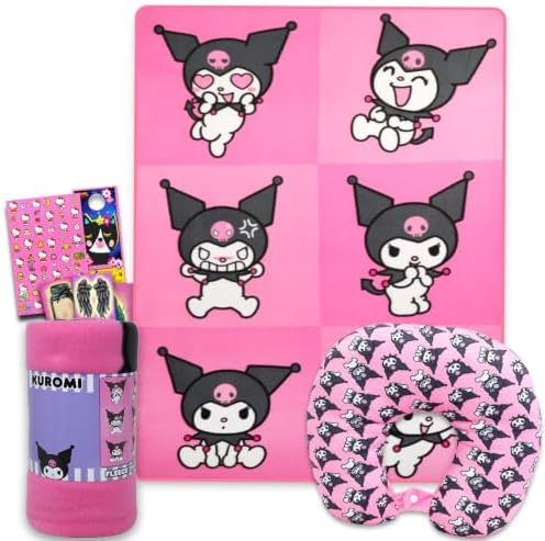 SANRIO Kuromi Neck Pillow and Blanket Set - Bundle Kuromi Travel Neck Pillow, Kuromi Fleece Blanket, Stickers, More | Kuromi Travel Accessories by SANRIO