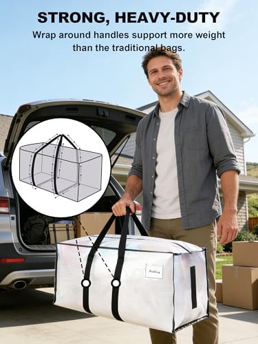 HOMESURE Supports 200lbs Heavy Duty Moving Bags - Strong Zipper & Wrap-Around Handles - Water-Resistant Storage Totes, Durable Alternative to Moving Boxes - 40 Pack - Semi-Transparent - Image 2