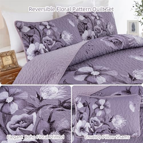 Floral Quilt Set King Size Bedding Set 3 PCs Dark Purple Boho Floral Quilt - Image 6