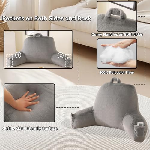 Soft Reading Pillow for Bed with Arms,Middle,Gray,Faux Fur - Image 5