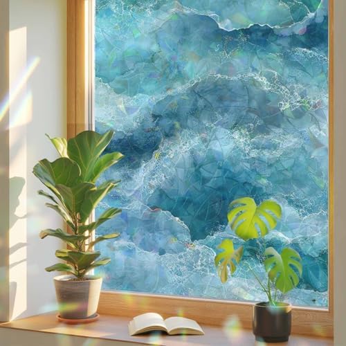 Turquoise Coastal Window Privacy Film Rainbow Static Cling Stain Glass Window Film for Glass Door, Decorative Heat Blocking Sunroof Decal Sticker for Car 23.6"x78.7" Modern Abstract Beach Waves Ocean by AMZRicher