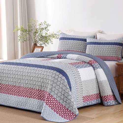 WONGS BEDDING Queen Size Quilt Set, Boho Striped Patchwork Bedspread by WONGSBEDDING