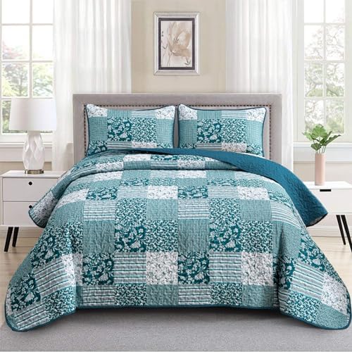 Mybedsoul Boho Queen Quilts, Patchwork Floral Bedding Set, Teal Blue by Mybedsoul