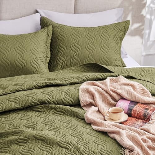 Love's cabin King Size Quilt Bedding Set Olive Green Bedspreads - Bed Summer Lightweight Bedspread Comforter - Wave Pattern Bedding Coverlet for All Season - 3 Pieces (1 Quilt, 2 Pillow Shams) - Image 7