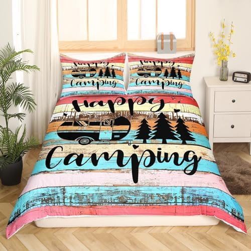 Camper Bedding for Travel Trailers,Colorful Stripes Vintage Barn Door Comforter Cover Set Twin,Happy Camping Duvet Cover for Boys Girls Camping Lover,Western Farmhouse Style Bedding Set,No Comforter - Image 3