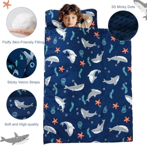 PHF Toddler Nap Mat with Removable Pillow and Minky Blanket, Rollup Design Kids Sleeping Mat, Slumber Bags for Boys, 55"x23" Toddler Sleeping Bag for Daycare Preschool Travel Camping, Shark - Image 4