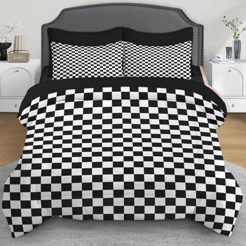 Comforter Set of 7 Soft, Twin Size, Black White Checkered - Image 2