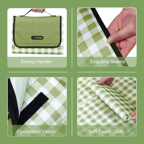 HX&OD Picnic Blanket Outdoor Extra Large Picnic Mat 80"X60" Camping Blanket Beach Blanket Foldable Waterproof Sand Mat Hiking Travel Family Concerts(Green) (Pack of 2) - Image 4