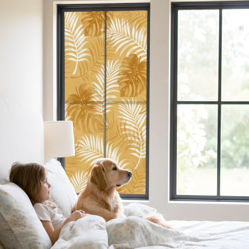 Window Privacy Film Frosted, Orange Yellow Palm Trees Tropical Static Cling Door Window Covering, Summer Beach Botanical UV Blocking Windows Film for Office, Hotel, Bedroom, 29.5 x 78.7 Inches - Image 2