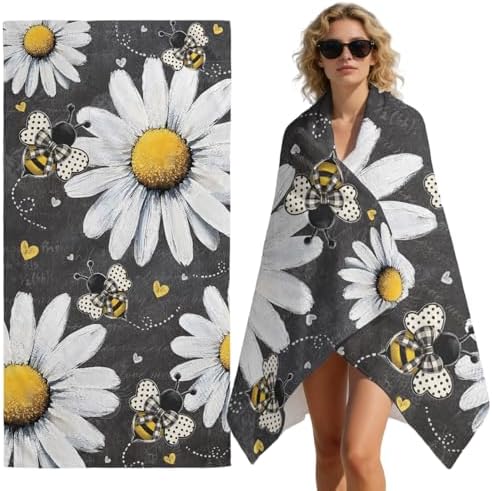 Beach Towel Bag 2 in 1 Daisy Flower Bath Pool Towels Backpack Bee Love Heart Absorbent Beach Towel Soft Quick Dry Lightweight Packable Towels Drawstring Bag for Travel Camping Sports Yoga Gym Picnic - Image 7